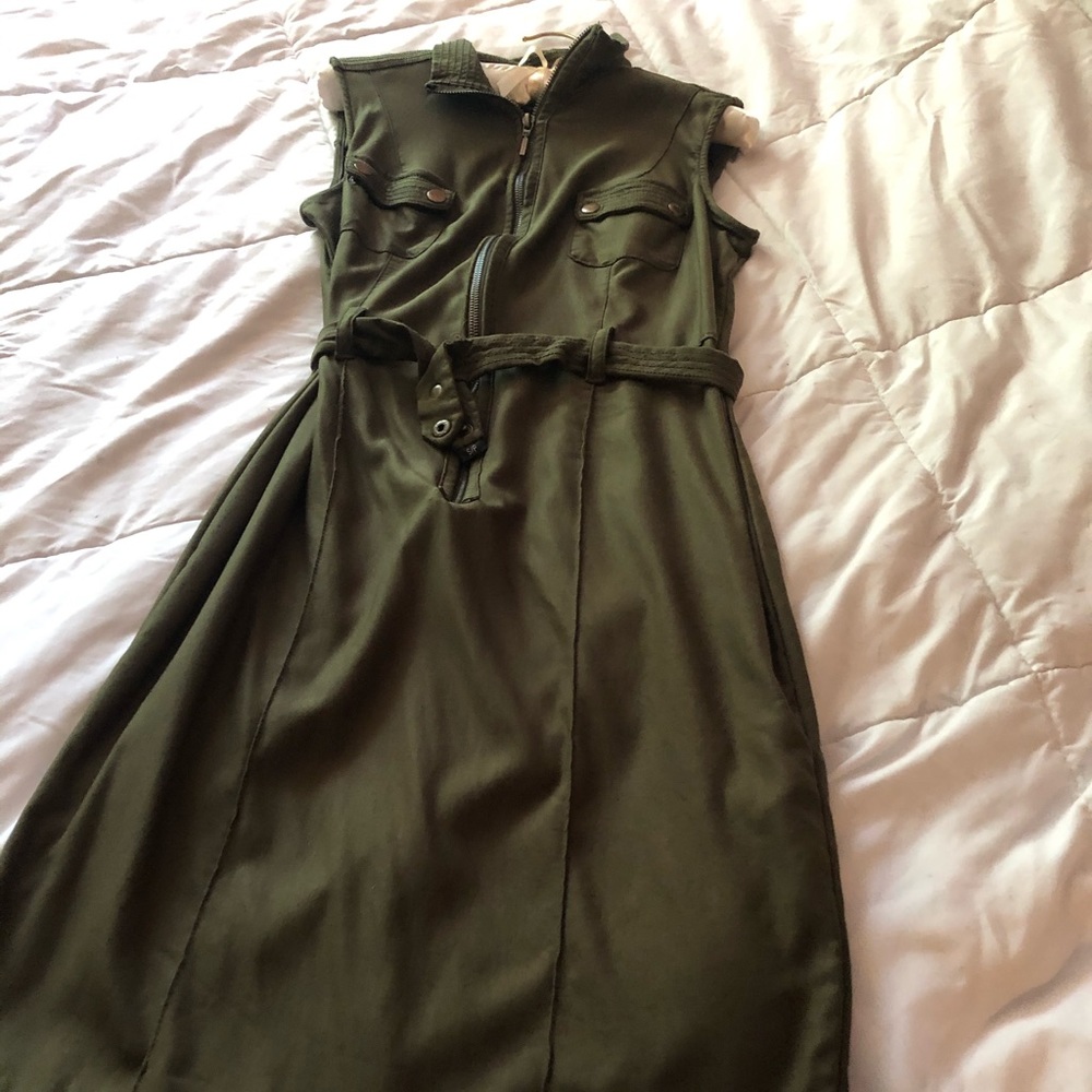 Olive green, sleeveless military style dress